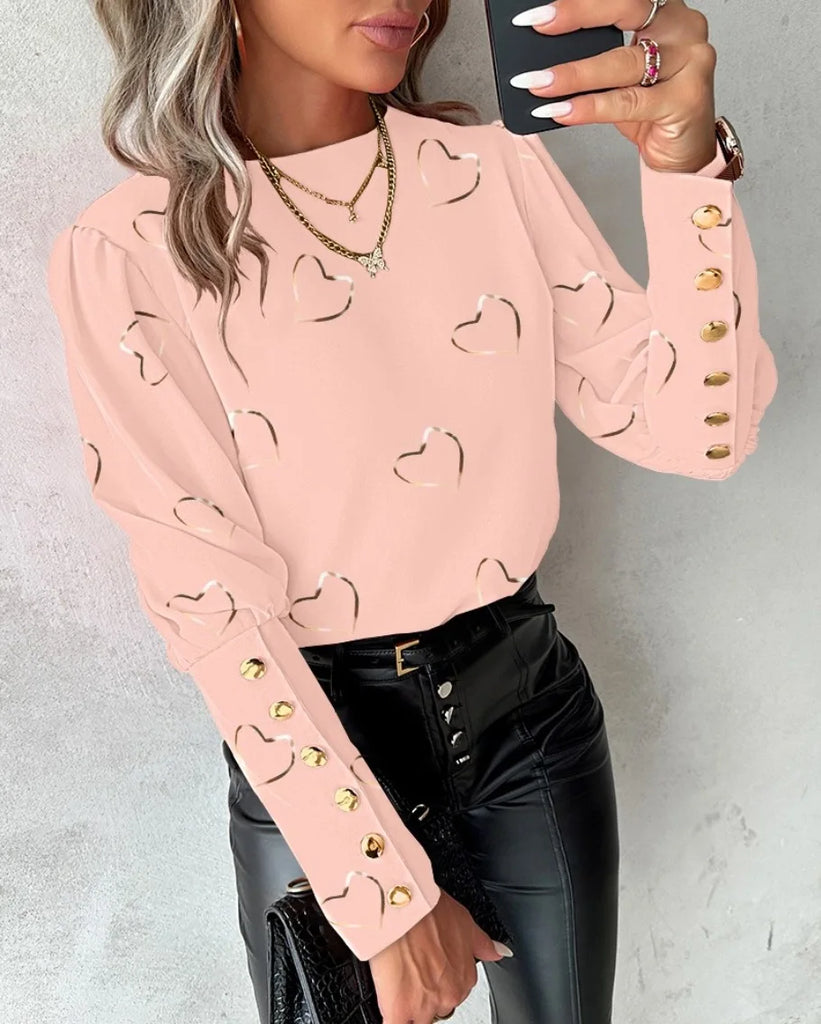 Women Printed Single Breasted Pullover Shirt 2024 Spring Autumn Blouse Tops Women's Elegant Slim Fit Lantern Sleeve O-Neck Shirt