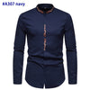 Gold Embroidery White Shirt Men Brand New Stand Collar Mens Dress Shirts Casual Slim Long Sleeve Chemise Homme Camisa Masculina