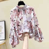 Women's Clothing Korean Fashion Floral Print Stand Collar Blouse Spring Autumn Lantern Sleeve All-match Chiffon Shirt for Female