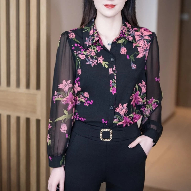 Elegant Floral Polo Collar Chiffon Shirt