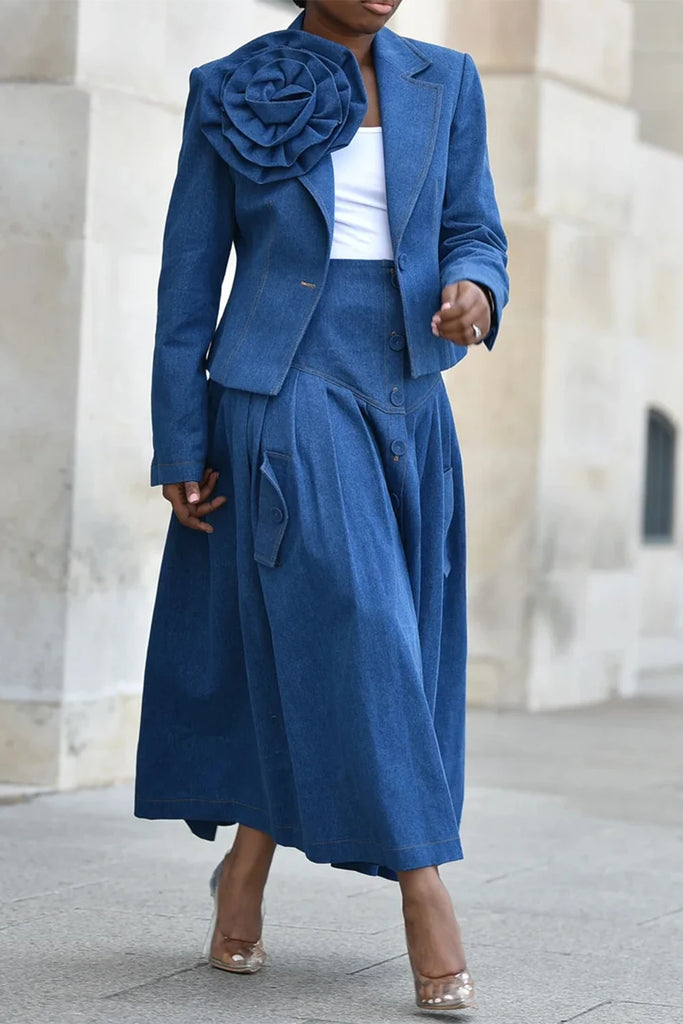 Denim Blue Designer Women Dress Suits 2 Pieces 
Modern Blazer & Skirt A Line Customized Wedding Guest Dress Evening Outfit