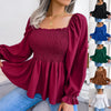 Casual Squared Neck Pleated Ruffle Trim Solid Blouse,Lantern Sleeve Shirt, Women's Clothing