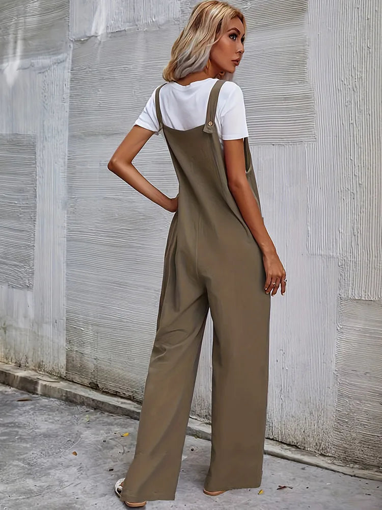 Women Straps Jumpsuit Summer Solid Color Wide Leg Pants Bib Overalls With Pocket Casual Loose Sleeveless Famale Jumpsuits Sales