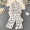 Spring Autumn Vintage Occident Holiday Romper V Neck Flare Sleeve Flower Print Bodysuit Bandage Slim Wide Leg Pant Jumpsuit