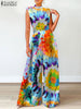 ZANZEA Elegant Cinched Waist Wide Leg Pants Fashion Women Summer Floral Print Long Rompers Sleeveless Party Turtleneck Jumpsuits