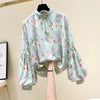 Women's Clothing Korean Fashion Floral Print Stand Collar Blouse Spring Autumn Lantern Sleeve All-match Chiffon Shirt for Female