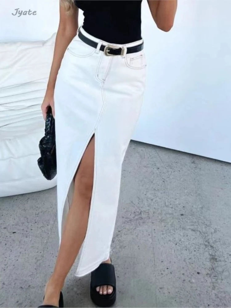 High-Waist Denim Slit Skirt