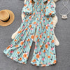 Spring and Autumn Retro V-neck Floral Long-sleeved Jumpsuit Women's Lantern Sleeves Pleated Niche Design Waist Wide-leg Pants
