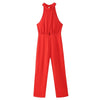 TRAFZA Fashion Women Chic Casual Red High Waist Wide Leg Jumpsuit Female Elegant Hanging Neck Sleeveless Slim Holiday Playsuit