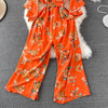 Spring Autumn Vintage Occident Holiday Romper V Neck Flare Sleeve Flower Print Bodysuit Bandage Slim Wide Leg Pant Jumpsuit
