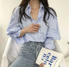 Seoulish Vintage Striped Women's Shirts Autumn Elagant Lantern Long Sleeve Turndown Collar Single Breasted Women's Blouses Tops
