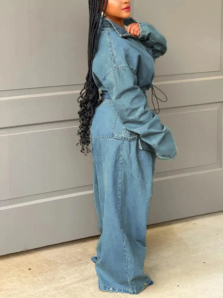 CHICEVER Streetwear Vintage Denim Coats For Women Stand Collar 
Long Sleeve Patchwork Zipper Autumn Casual Loose Jackets Female