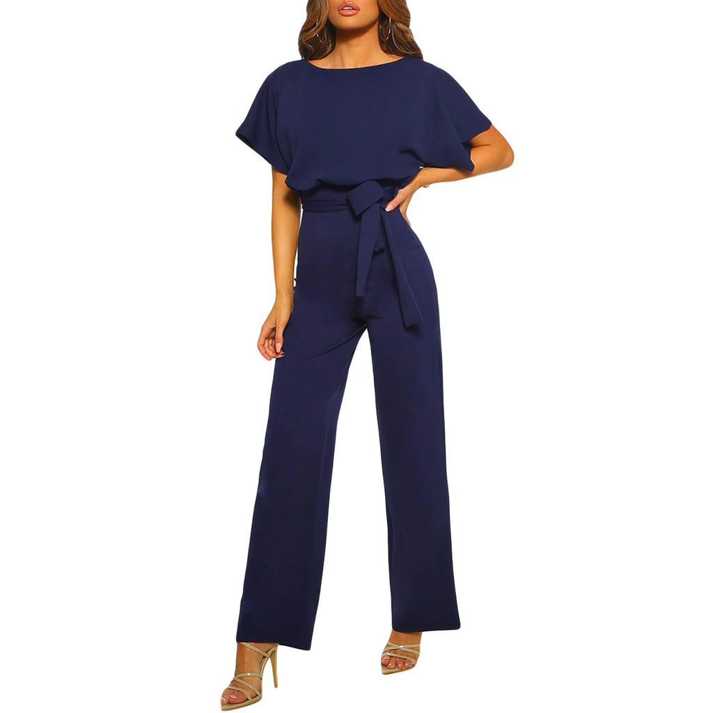 Women Daily Fashion Versatile Jumpsuit Sexy Solid Color Jumpsuit V-Neck Short Sleeve Open Back High Waist Elastic Loose Jumpsuit