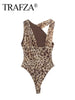 TRAFZA Leopard Print Jumpsuit Women Tulle Ruched Irregular Lady Bodysuit 2024 Summer Backless Beach Slim Halter Playsuit