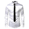 Silver Silk Shirt+Tie Set Mens Satin Smooth Tuxedo Shirts Casual Button Down Men Dress Shirts Wedding Party Prom Chemise Homme