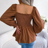 Casual Squared Neck Pleated Ruffle Trim Solid Blouse,Lantern Sleeve Shirt, Women's Clothing