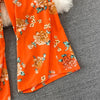 Spring Autumn Vintage Occident Holiday Romper V Neck Flare Sleeve Flower Print Bodysuit Bandage Slim Wide Leg Pant Jumpsuit