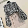Women's Clothing Korean Fashion Floral Print Stand Collar Blouse Spring Autumn Lantern Sleeve All-match Chiffon Shirt for Female