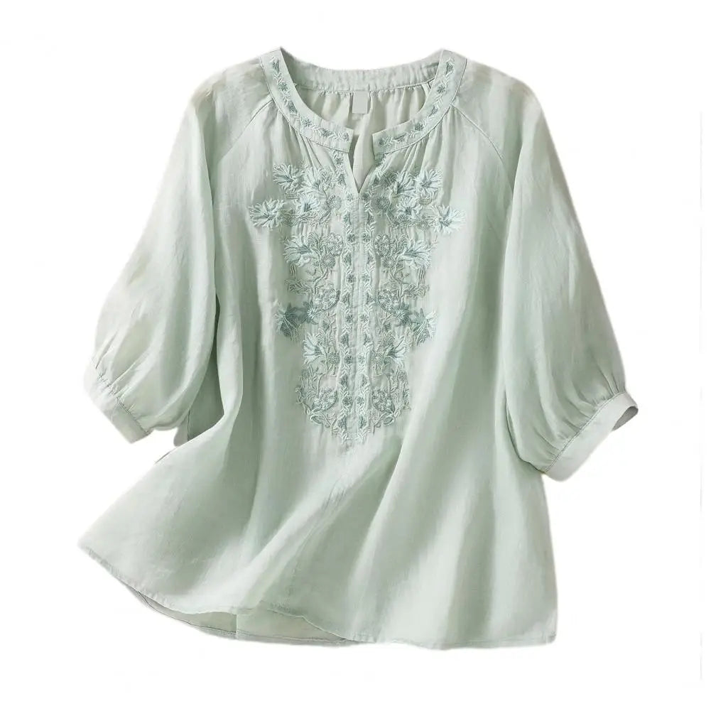 Women V-neck Shirt Elegant Floral Embroidered V Neck Blouse for Women Stylish Three Quarter Sleeve Loose Fit Shirt Retro