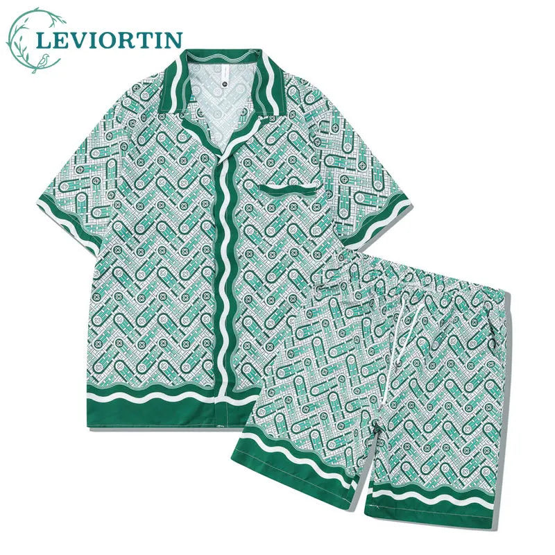 leviortin Men's Summer Printed Tracksuit: Mandarin Collar & Shorts