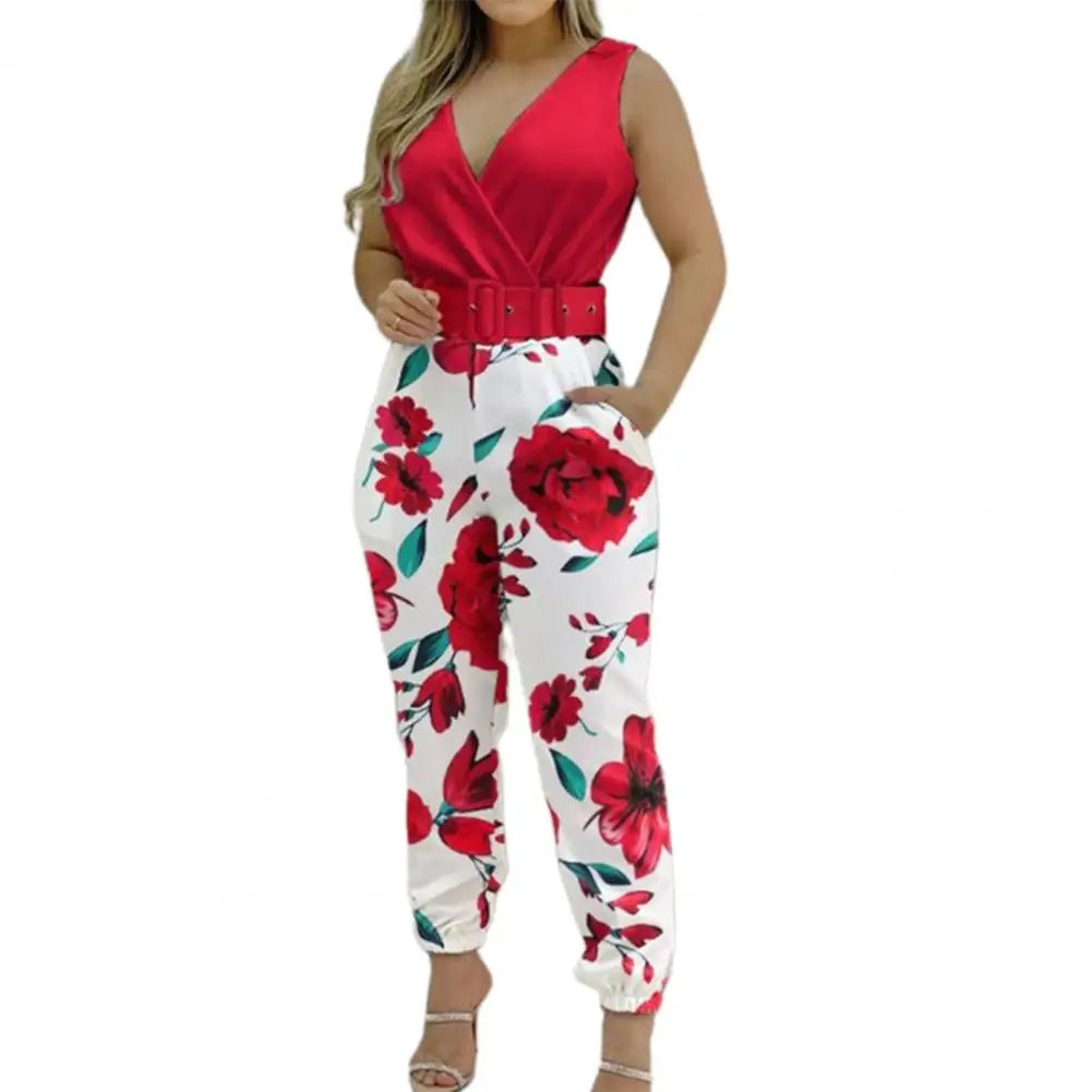 Elegant Red Flower Print Jumpsuit
