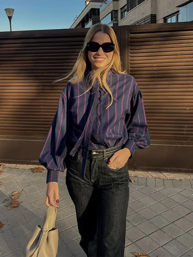 Women 2025 Spring Vintage Chic Striped Contrast Puff Sleeve Shirt Fashion Button Bow Tie Casual Top Chic Lady High Street Blouse