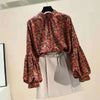 Women's Clothing Korean Fashion Floral Print Stand Collar Blouse Spring Autumn Lantern Sleeve All-match Chiffon Shirt for Female