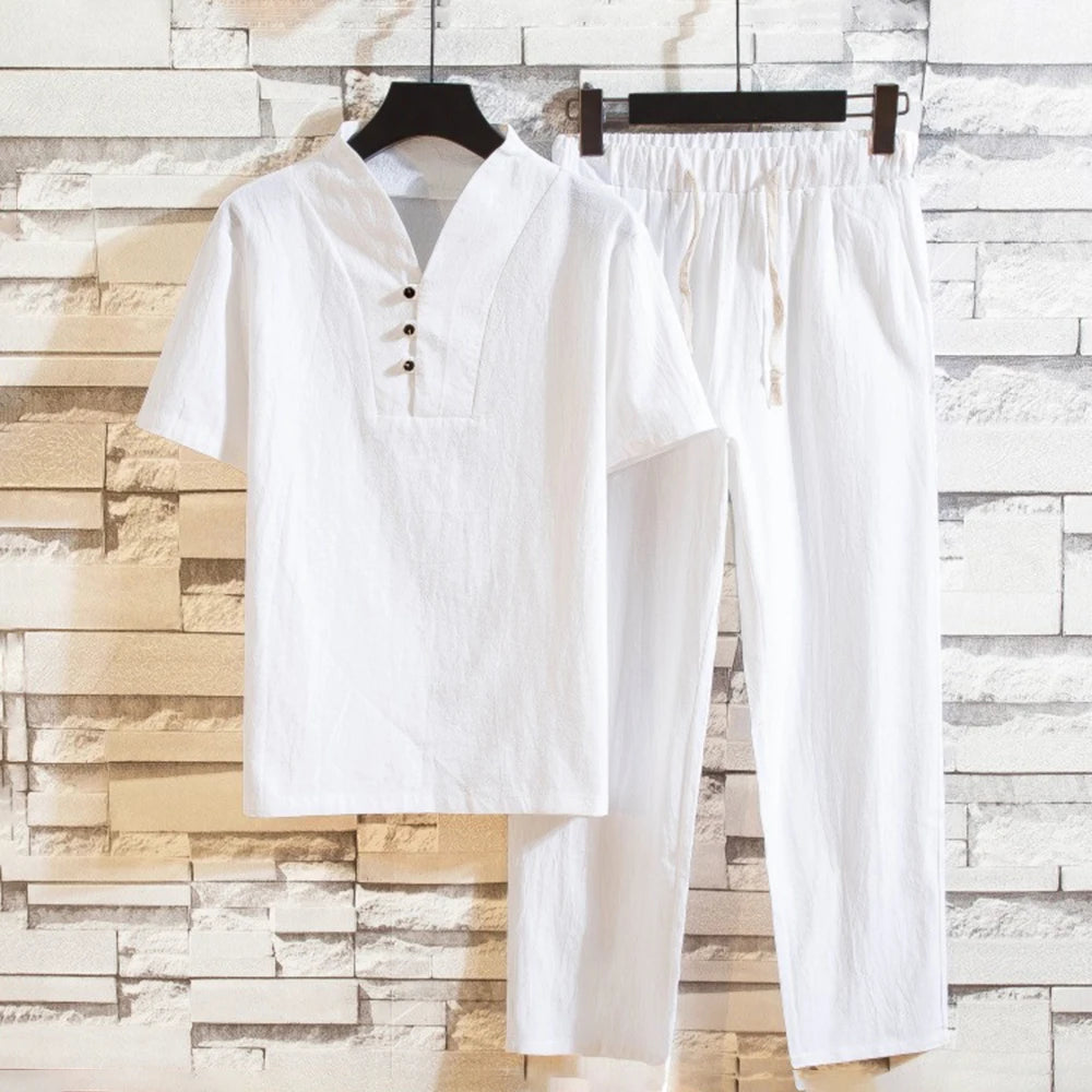New Arrival Men's Cotton Short Sleeve +Trousers Set
