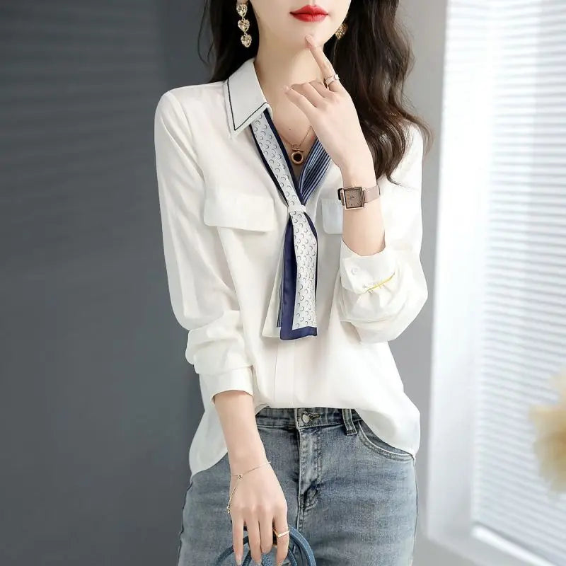 Elegant V-Neck Button Spliced All-match Lace Up Blouse Women's Clothing 2023 Spring New Casual Pullovers Loose Office Lady Shirt