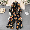 Spring Autumn Vintage Occident Holiday Romper V Neck Flare Sleeve Flower Print Bodysuit Bandage Slim Wide Leg Pant Jumpsuit