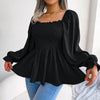 Casual Squared Neck Pleated Ruffle Trim Solid Blouse,Lantern Sleeve Shirt, Women's Clothing