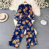 Spring Autumn Vintage Occident Holiday Romper V Neck Flare Sleeve Flower Print Bodysuit Bandage Slim Wide Leg Pant Jumpsuit