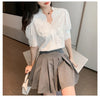 Summer Embroidery Puff Sleeve Linen Cotton Women Blouse Spring Casual White Hollow Out Tops Short Sleeve Shirt