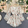 Women's French-Style Vintage Floral Print Jumpsuit V-neck Puff Sleeve Waist Hugging Slimming All-match Casual Playsuits PL465