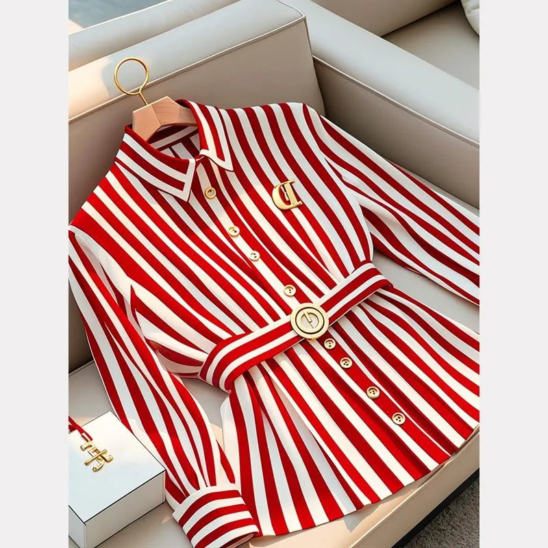 Limiguyue French High-end Red Stripe Blouse Polo Collar Brooch Top Autumn Women Small Fragrance Slim Belt Shirt Office Lady 582P