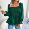 Casual Squared Neck Pleated Ruffle Trim Solid Blouse,Lantern Sleeve Shirt, Women's Clothing