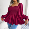 Casual Squared Neck Pleated Ruffle Trim Solid Blouse,Lantern Sleeve Shirt, Women's Clothing