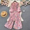 Spring and Autumn Retro V-neck Floral Long-sleeved Jumpsuit Women's Lantern Sleeves Pleated Niche Design Waist Wide-leg Pants