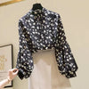 Women's Clothing Korean Fashion Floral Print Stand Collar Blouse Spring Autumn Lantern Sleeve All-match Chiffon Shirt for Female