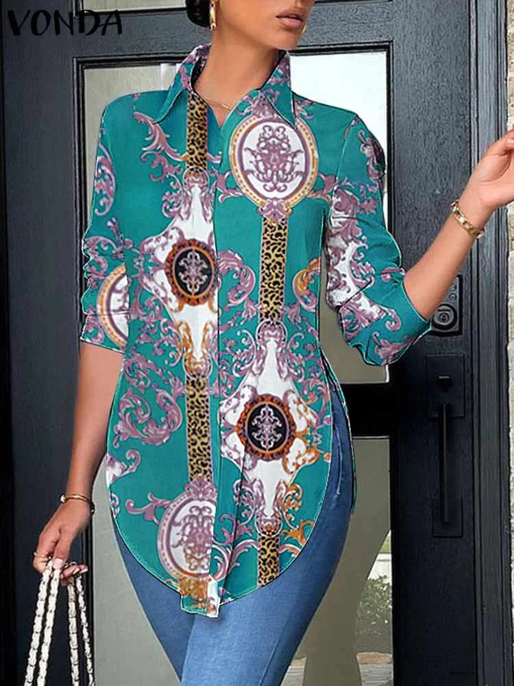 VONDA 2024 Women Shirts Long Sleeve Asymmetrical Tops Autumn Buttons Fashion Blouses Bohemian Printed Casual Loose Blusas Femme