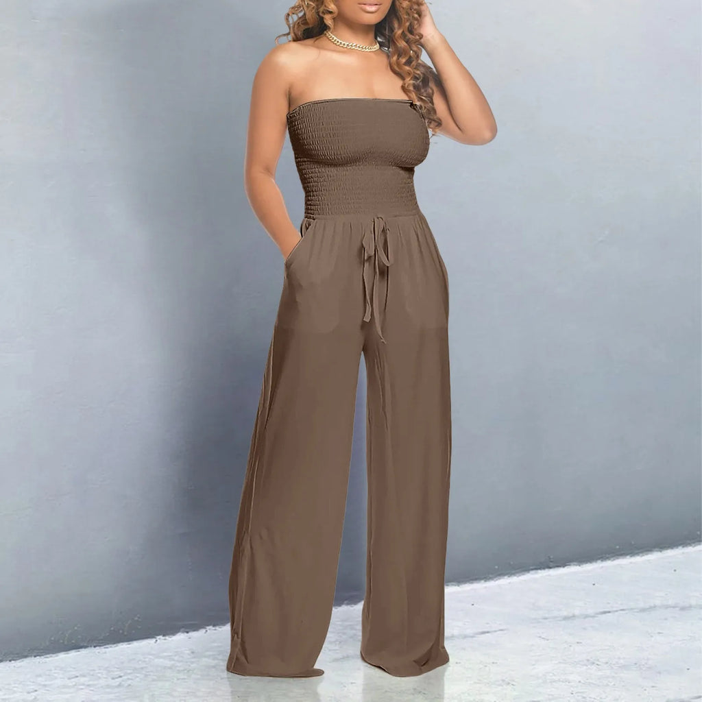 Strapless Women Solid Ruffle Jumpsuit Sleeveless Lace Up Jumpsuit Straight Solid Color Trousers Jumpsuit Elegant Women's Overall
