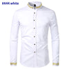 Gold Embroidery White Shirt Men Brand New Stand Collar Mens Dress Shirts Casual Slim Long Sleeve Chemise Homme Camisa Masculina