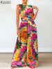 ZANZEA Elegant Cinched Waist Wide Leg Pants Fashion Women Summer Floral Print Long Rompers Sleeveless Party Turtleneck Jumpsuits