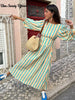 Striped Backless Maxi Dress with Belt and Lantern Sleeves