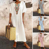 Flower Design V Neck Cotton Linen Dress