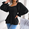 Casual Squared Neck Pleated Ruffle Trim Solid Blouse,Lantern Sleeve Shirt, Women's Clothing