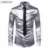 Silver Silk Shirt+Tie Set Mens Satin Smooth Tuxedo Shirts Casual Button Down Men Dress Shirts Wedding Party Prom Chemise Homme