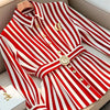 Limiguyue French High-end Red Stripe Blouse Polo Collar Brooch Top Autumn Women Small Fragrance Slim Belt Shirt Office Lady 582P