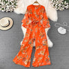 Spring Autumn Vintage Occident Holiday Romper V Neck Flare Sleeve Flower Print Bodysuit Bandage Slim Wide Leg Pant Jumpsuit
