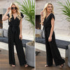 Women Daily Fashion Versatile Jumpsuit Sexy Solid Color Jumpsuit V-Neck Short Sleeve Open Back High Waist Elastic Loose Jumpsuit